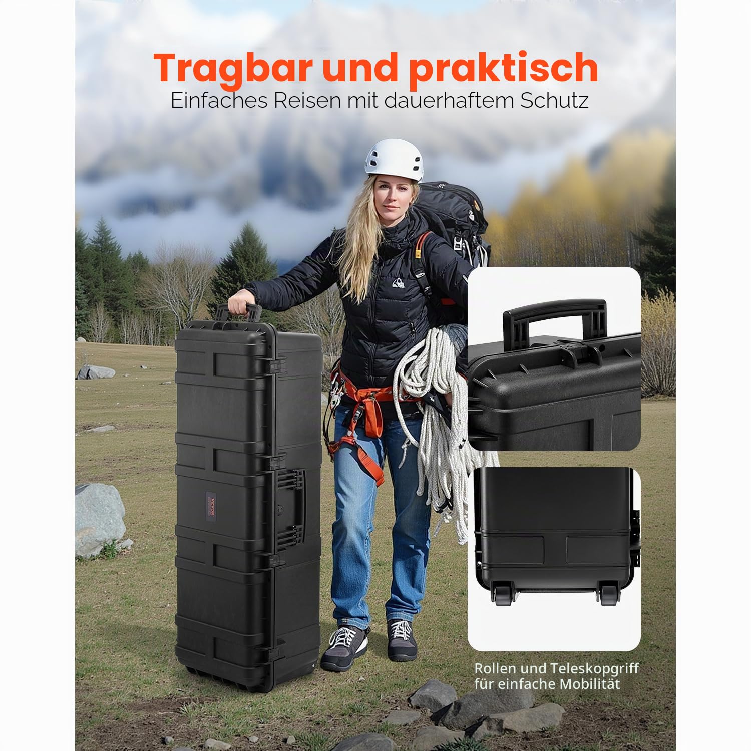VEVOR 5,5 Kubikfuß wetterfester Hartschalenkoffer, wasserdichter Hartschalenkoffer mit großer Kapazität und 3 Griffen, IP67 wasserdichte Schutzhülle mit 6 Clips, 6 Vorhängeschlosslöchern