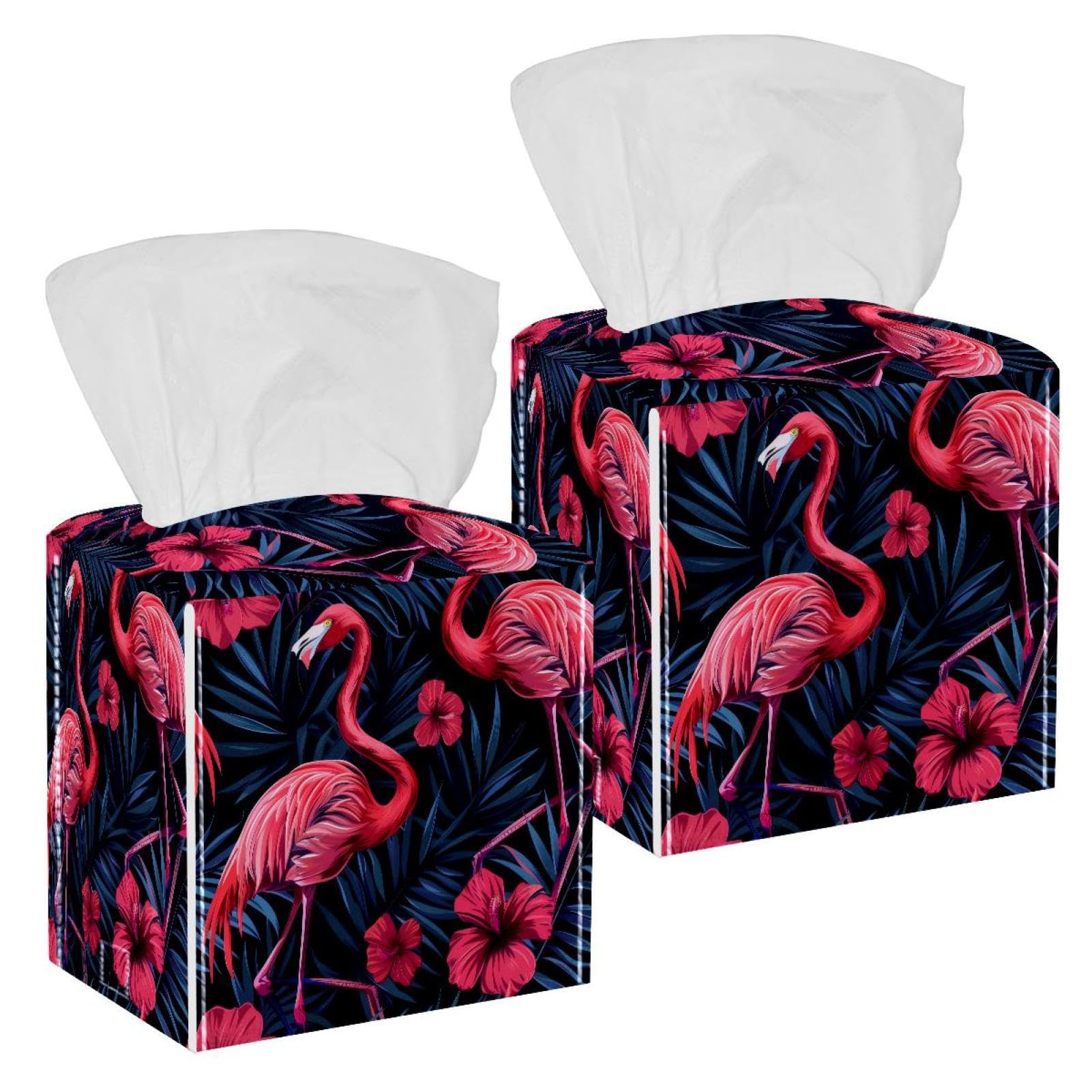 Flamingo Tissue Box Cover, 2 Pack PU Leather Square Facial Tissue Dispenser Box holder for Home Office Car