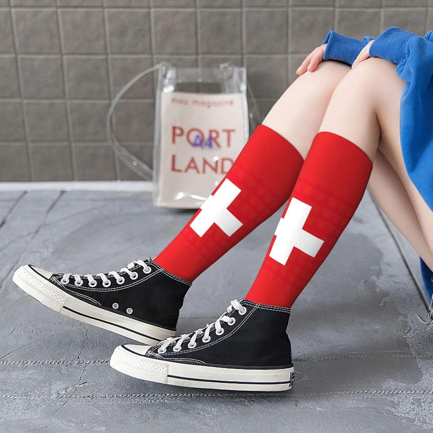 Swiss Flag Print Adult Socks, Elastic Stretch Socks,Soft Breathable For Daily Sports Casual Wear