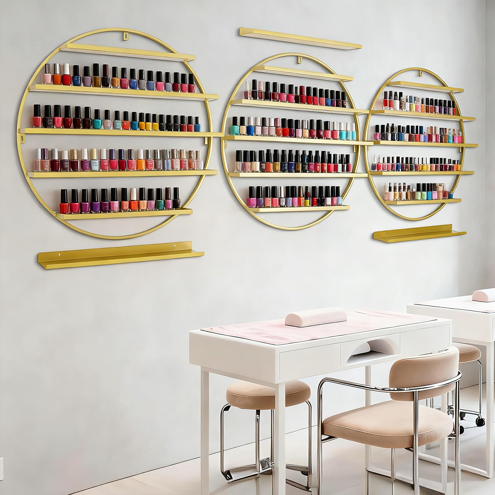 Estantería Redonda de Pared de 5 Niveles, Soporte para Esmalte de uñas, Expositor de uñas, 6 Unidades en uno, para pintalabios, aceites Esenciales y Otros Objetos (Dorado)