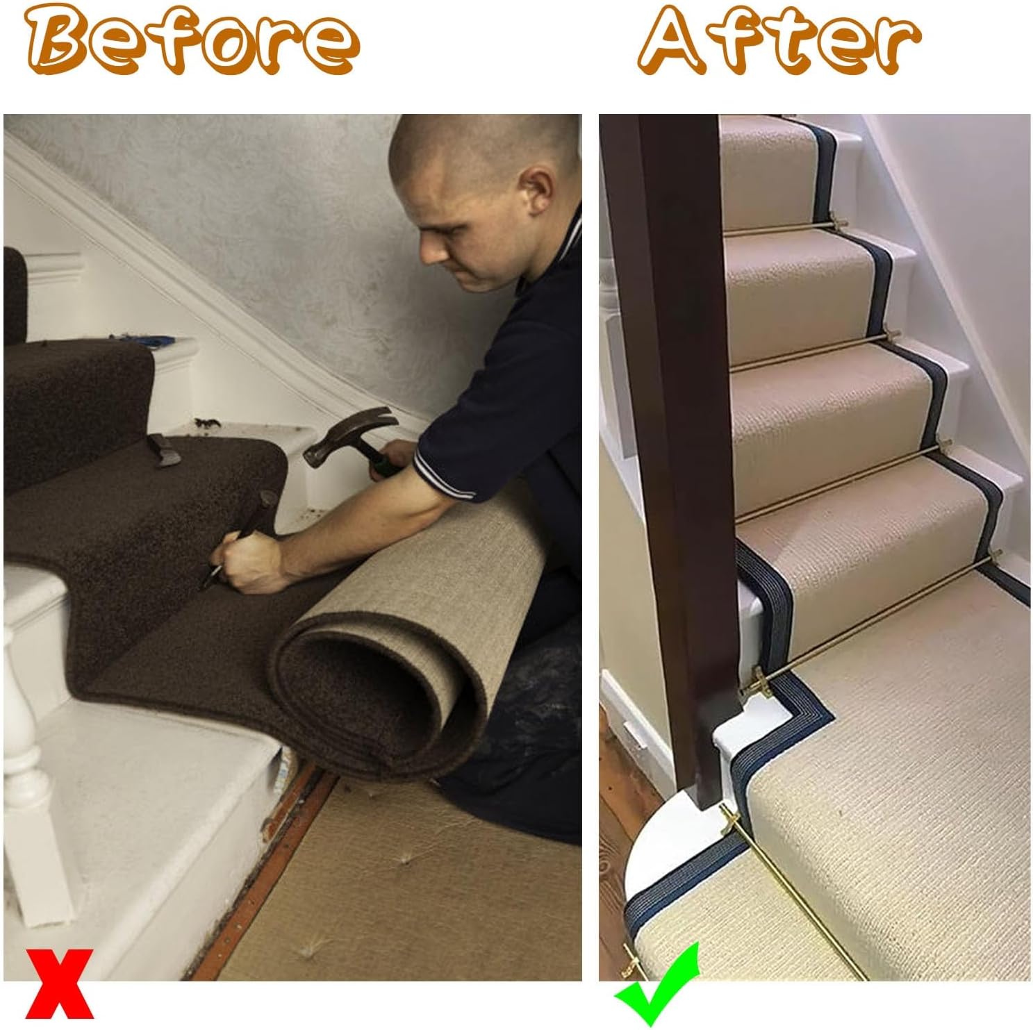 Decorative Brass Stair Rods for Carpet Runners, 20-44 Inch Adjustable Gold Non-Slip Brackets for Wooden Steps, Custom Size Available (1pc, 26in/66cm)