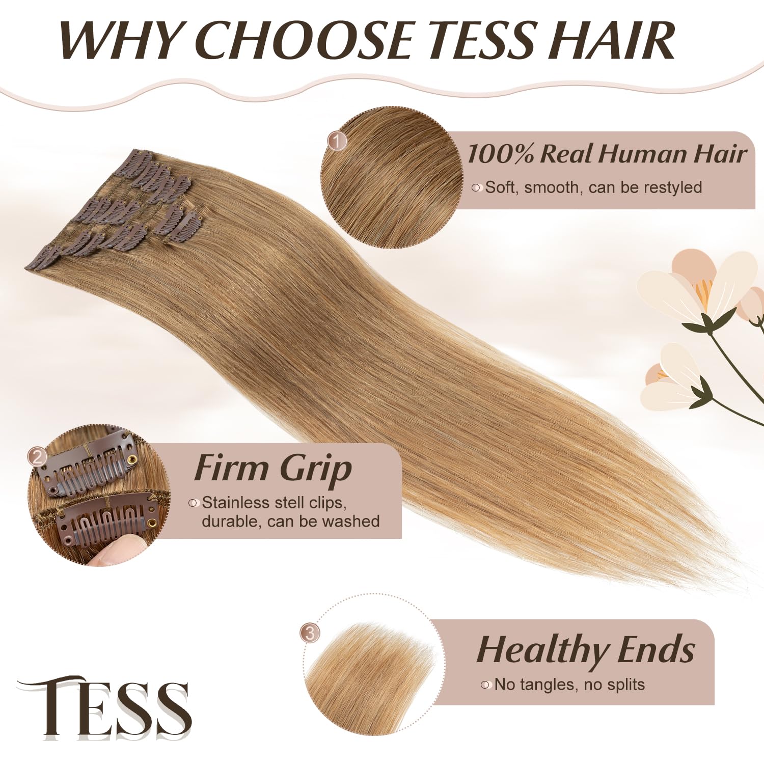TESS Clip in Hair Extensions Real Human Hair Blonde Remy Seamless 8 Pieces Straight Short for Women/Girls (#27 Dark Blonde - Image 3