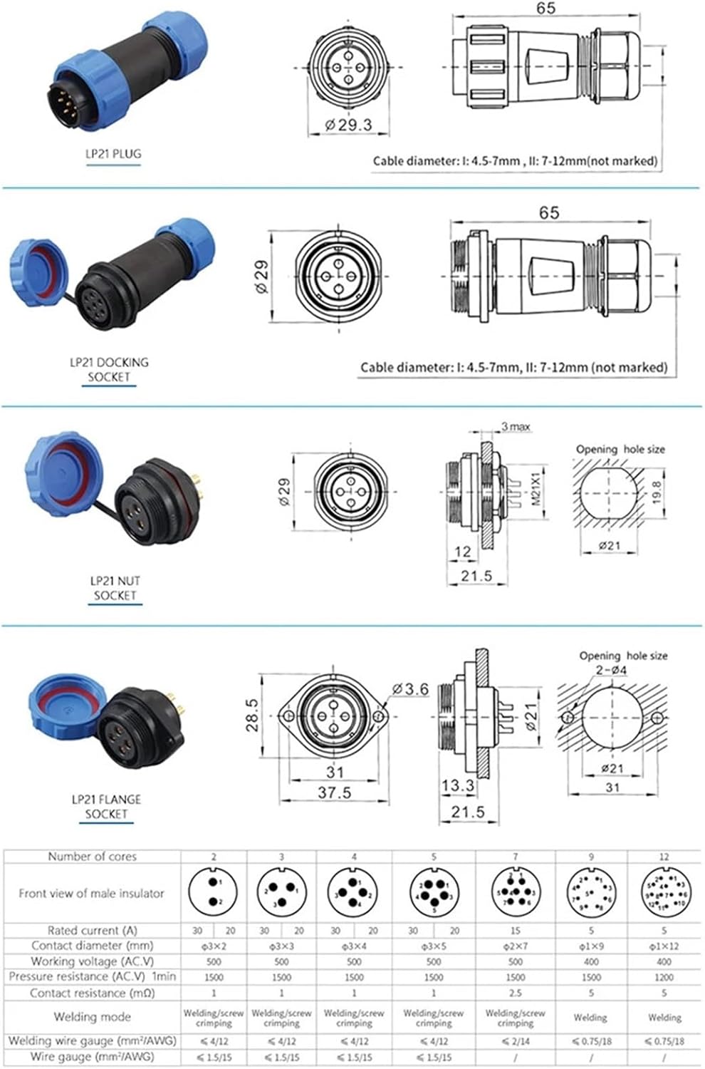 LP/SP21 Nut/Flange/Docking Aviation 2/3/4/5/6/7/9 Pin Wire Connector Male/Female Socket Set No Welding 1Pcs(Flange Type,1 SET_3P)