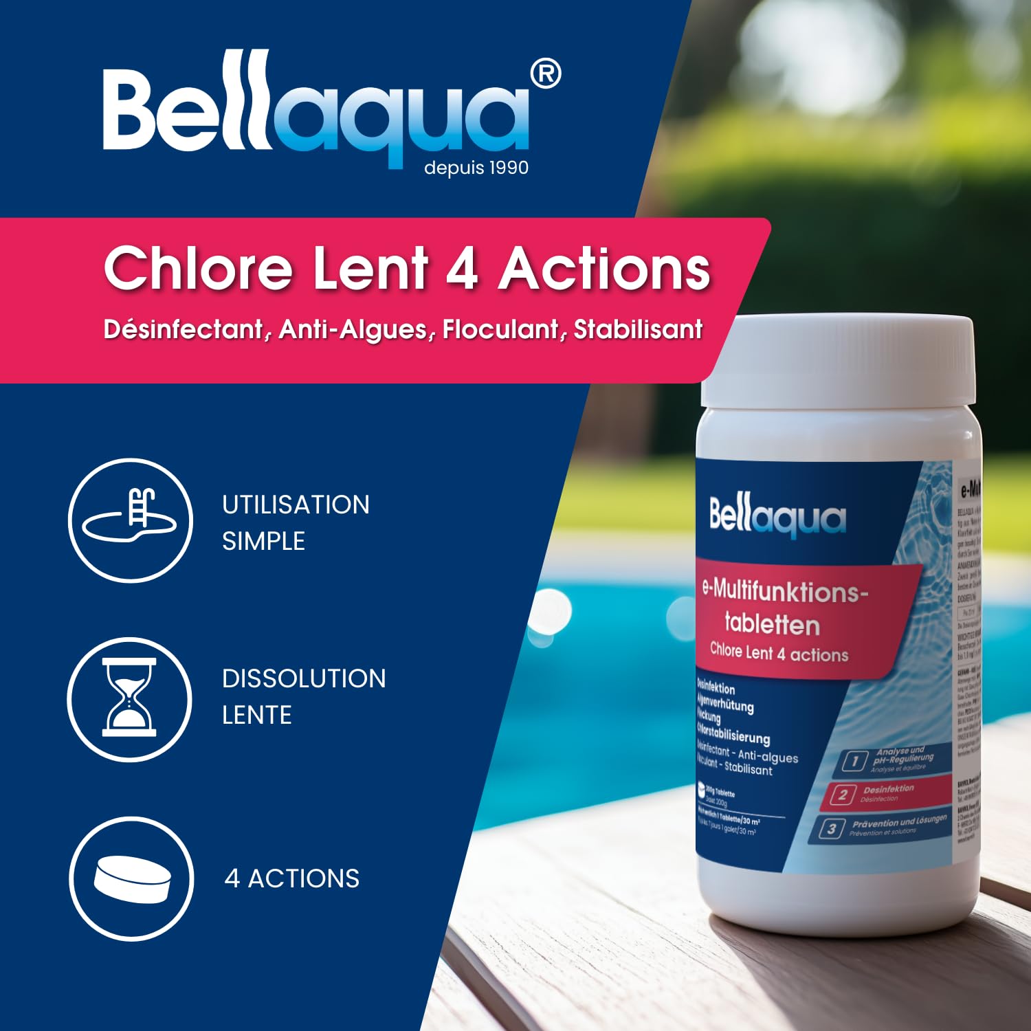 BELLAQUA Chlore Lent Multifonction Piscine 1 kg - Galet Traitement Complet | Galets 200g, 4 en 1, dissolution lente & action longue durée, 1 galet / 20-30 m³ par semaine, skimmer ou doseur flottant