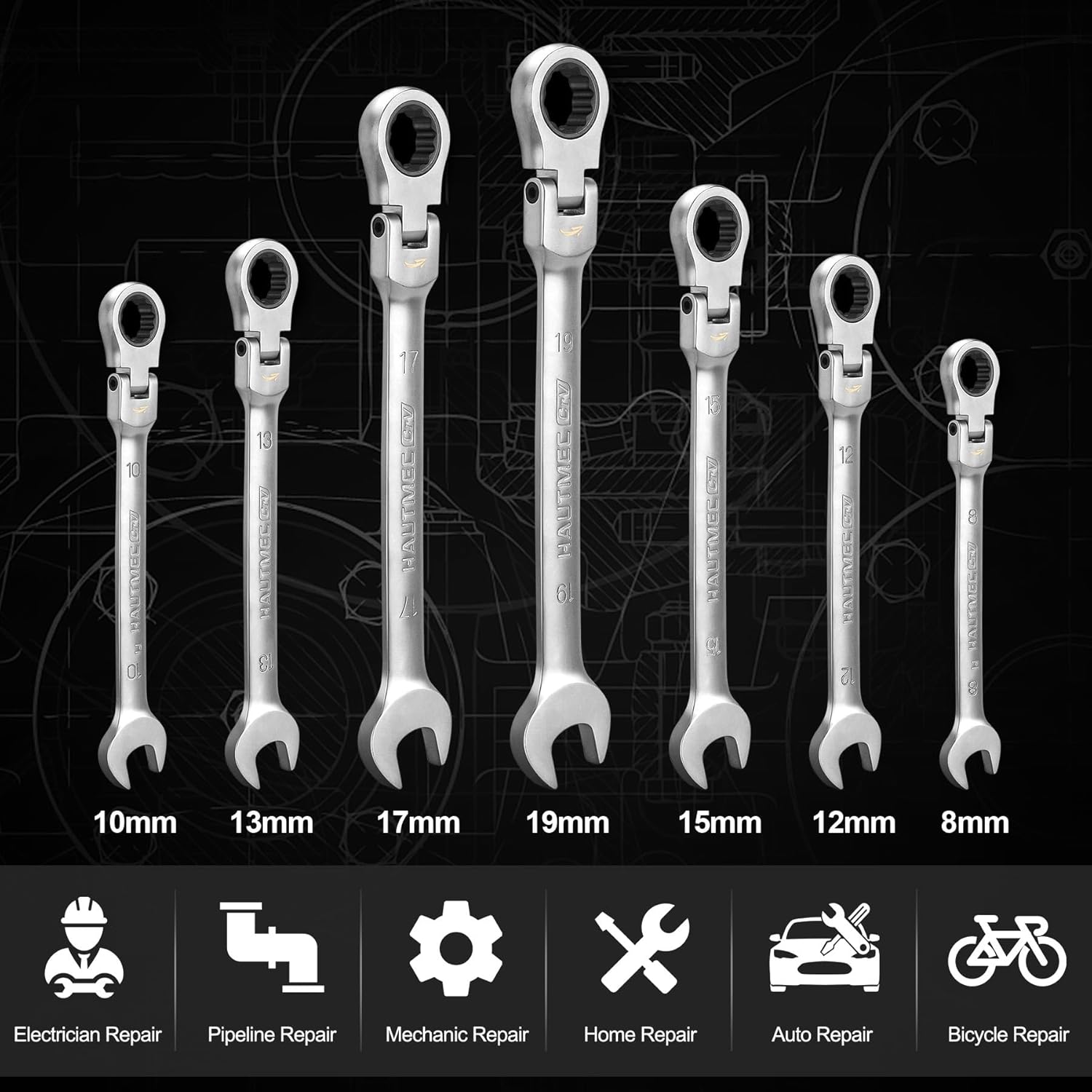 HAUTMEC 7-Piece Flex Head Ratchet Set, Ratcheting Combination Wrench Set with 72-Tooth 5° Swing Arc, 180° Pivoting Head, Metric 8-19mm, CRV Steel Mechanics Tools for Mechanics, Auto Repair