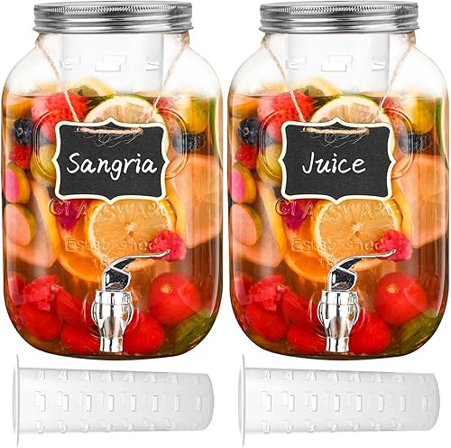 Eleganttime Dispensadores de bebidas de vidrio de 1 galón para fiestas, paquete de 2 dispensadores de bebidas con infusor de frutas, dispensador de