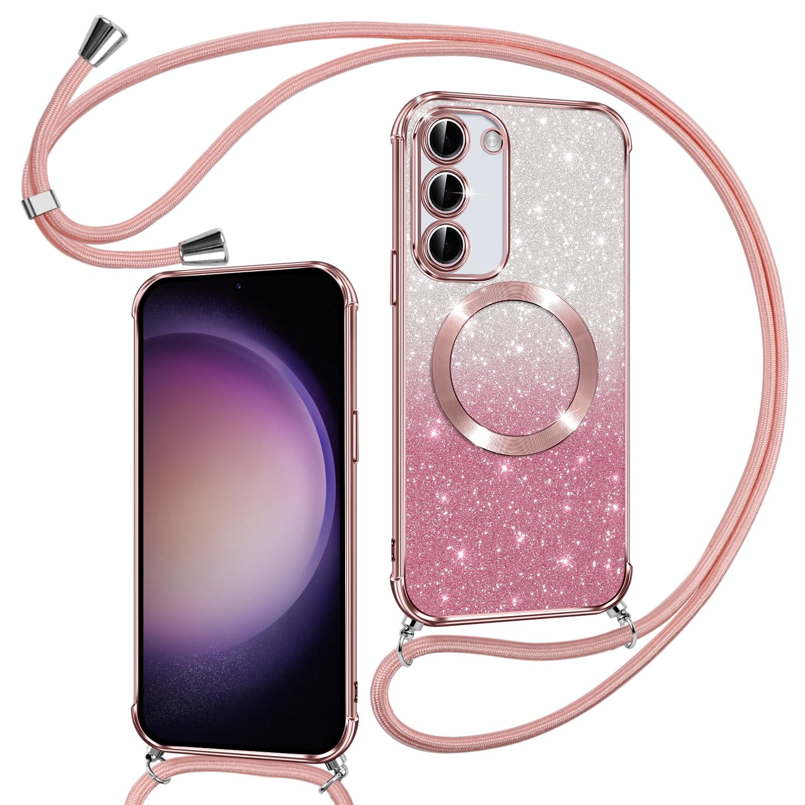 Phoona Etui z łańcuchem na telefon komórkowy do Samsunga Galaxy S23 Plus 5G z paskiem [Kompatybilne z MagSafe], luksusowe etui z błyszczącym powłokiem magnetycznym do Samsunga S23 Plus 5G, ochronne