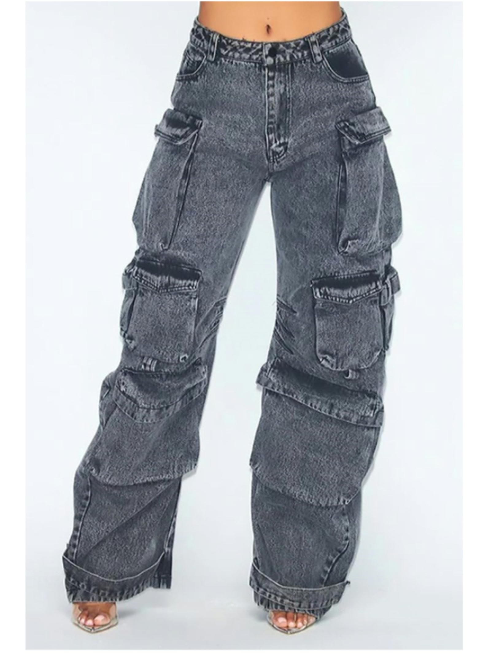 Multi-Pocket-Persönlichkeitsdesign, einfarbig, Y2K-Baggy-Jeans, Damen, High Street, Hip-Hop, weites Bein, lässig, gerade, hoch taillierte Jeans-1-M