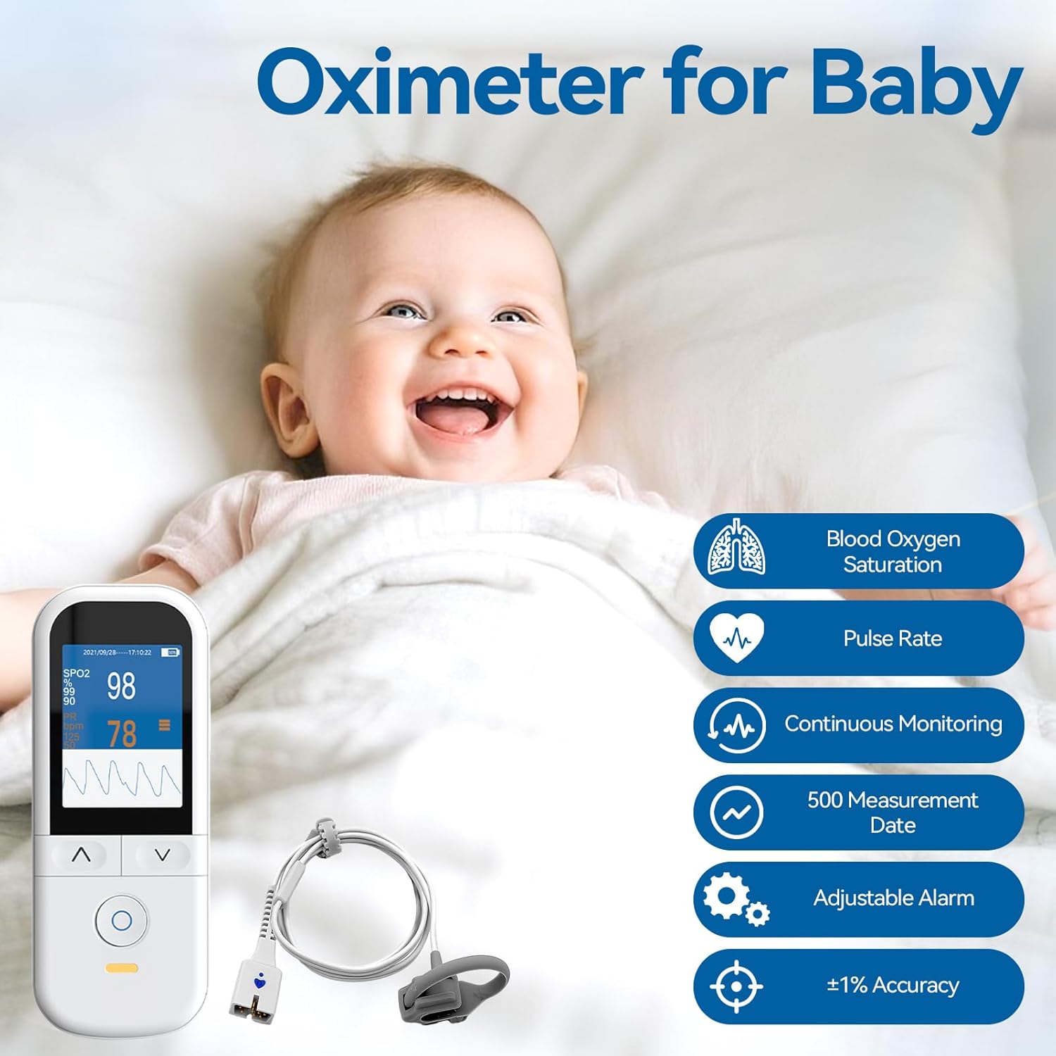 Handheld Pulse Oximeter for Baby, Wrap-Around Probe with Fast SpO2 Reading, Accurate Oxygen Saturation Monitor with Customizable SpO2 & Pulse Alarms, Infant Pulse Oximeter Rechargeable for Continuous Overnight Monitoring