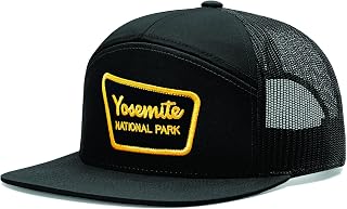 Yosemite National Park California Hiking Hat | 7-Panel Snapback Mesh Trucker Hat with Park Sign Patch Black