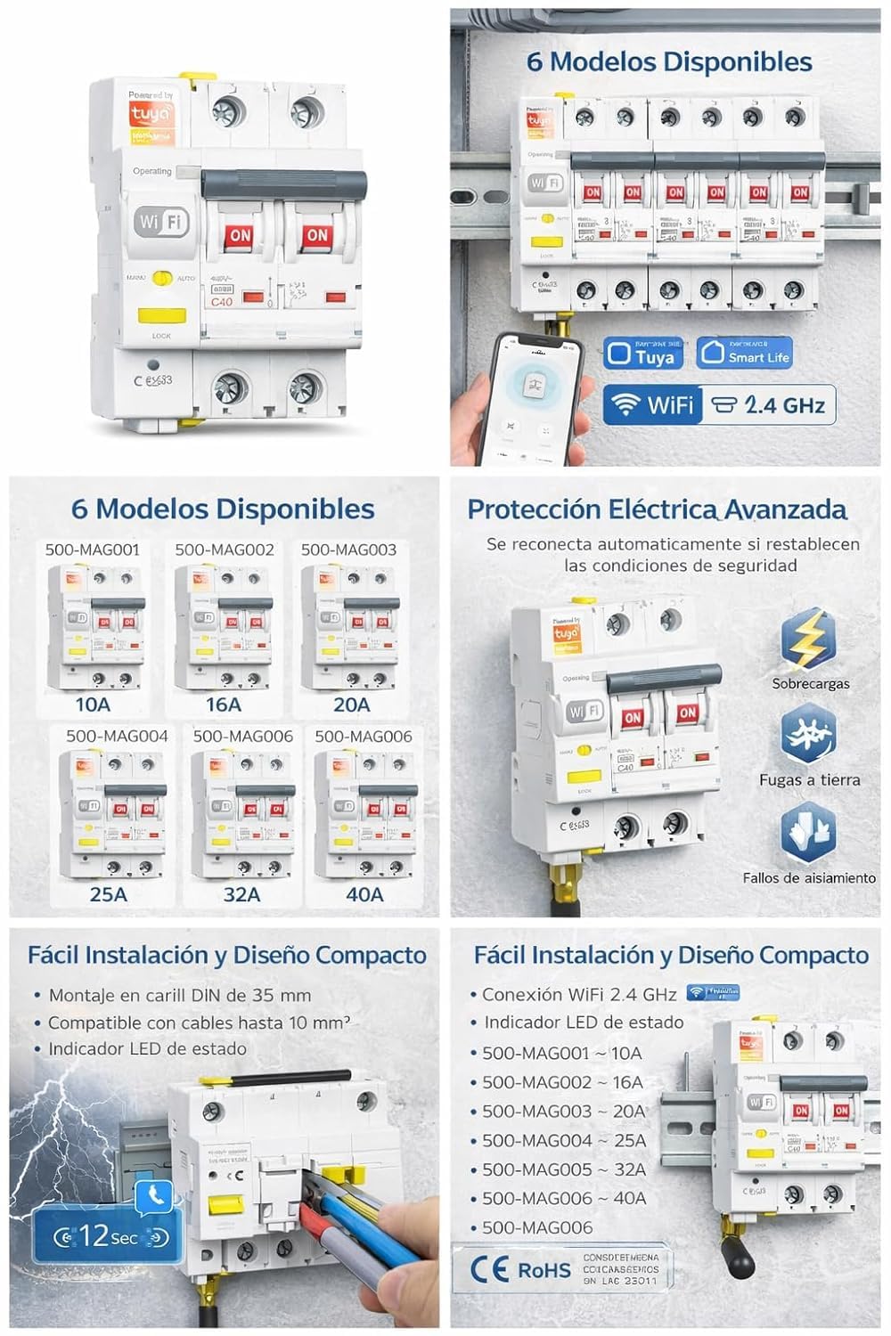 RASMACOR - Interruptor Magnetotermico Rearmable WIFI 2P 25A Curva C 6kA – Compatible con App Tuya Smart – Domotica - Termico Inteligente con Control Remoto
