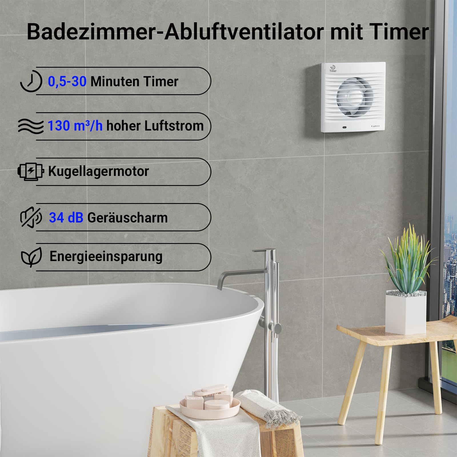 100mm Abluftventilator Badlüfter,geringer Energieverbrauch, Wandmontage mit Zeitschaltuhr, für Küche Bad Gewächshaus Garage