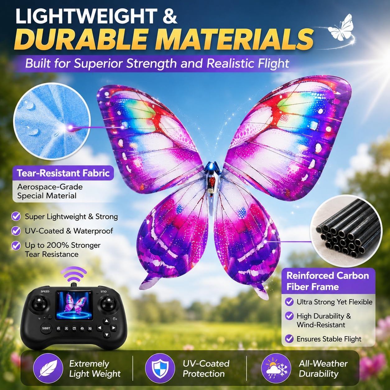 Drone ornitottero bionico a farfalla con illuminazione a LED 3 batterie giocattolo volante con ali bioniche battenti e telaio in fibra di carbonio fatto a mano per feste matrimoni e hobby(Purple)