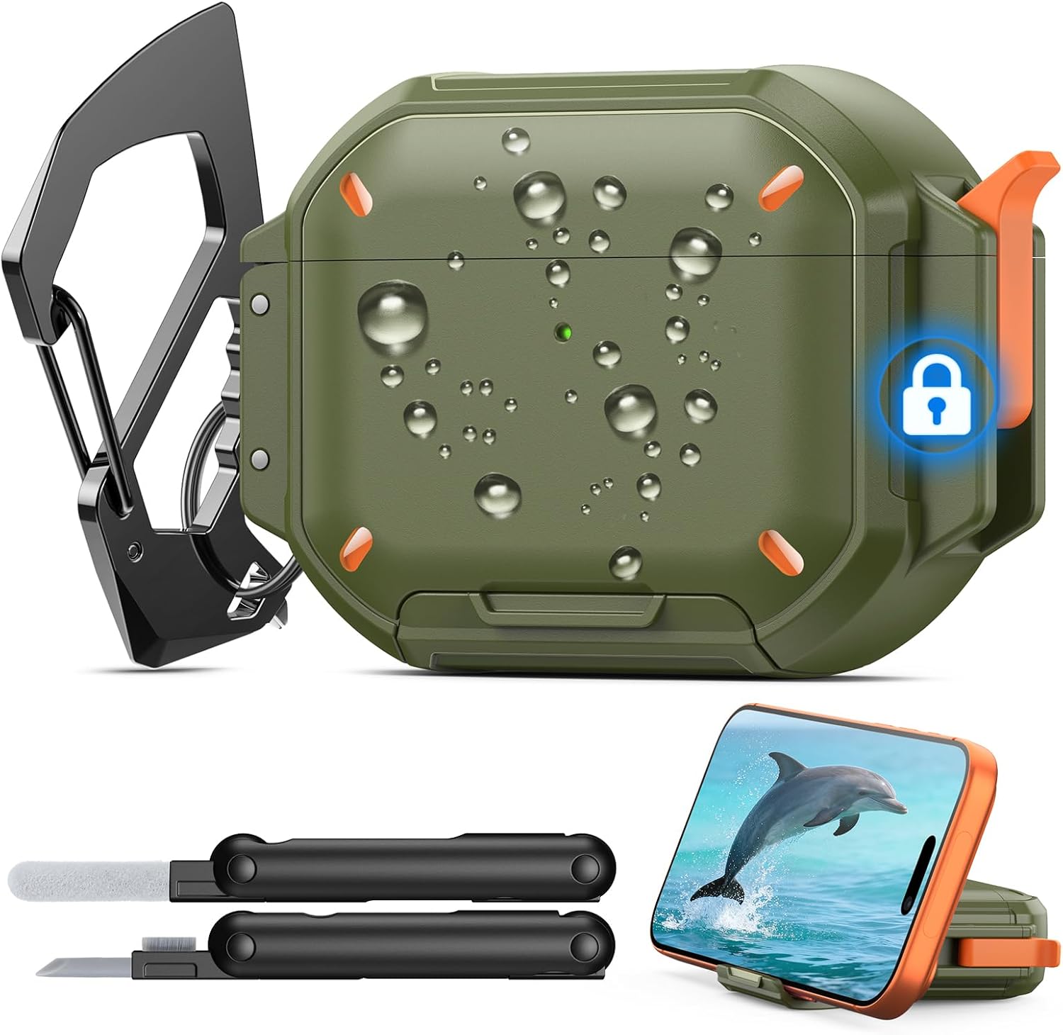 MoKo for AirPods Pro 3 Case with Secure Lock - IP68 Waterproof Case for iPods Pro 3, Military-Grade Protective Cover Earpods Pro 3 with Keychain, Phone Stand & Cleaner Kit, Green