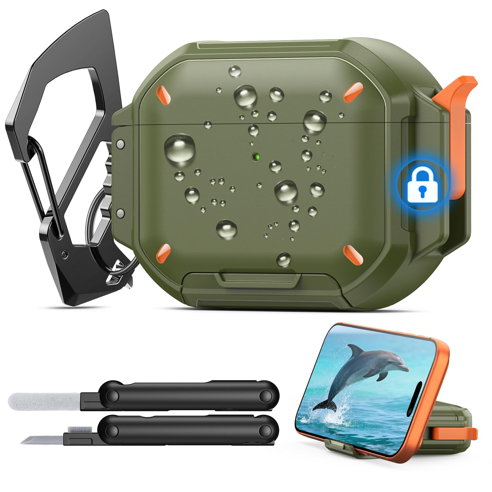 MoKo for AirPods Pro 3 Case with Secure Lock - IP68 Waterproof Case for iPods Pro 3, Military-Grade Protective Cover Earpods Pro 3 with Keychain, Phone Stand & Cleaner Kit, Green thumbnail 2