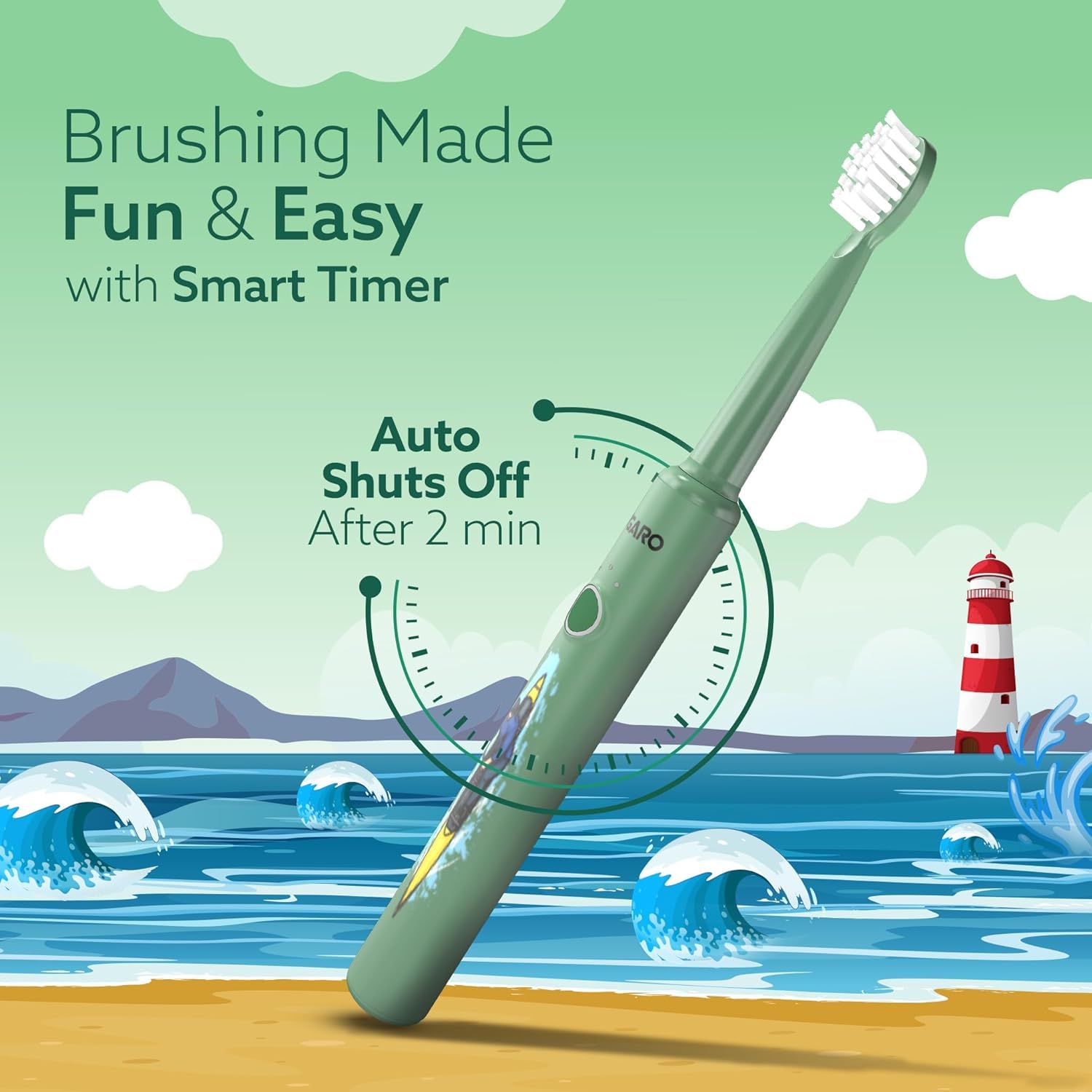 AGARO REX Lite Sonic Electric Kids Toothbrush with 3 Brushing Modes, 19000 Strokes per minute, Dupont Soft Nylon Bristles, Rechargeable Battery, Power Tooth Brush, Replaceable Heads 3