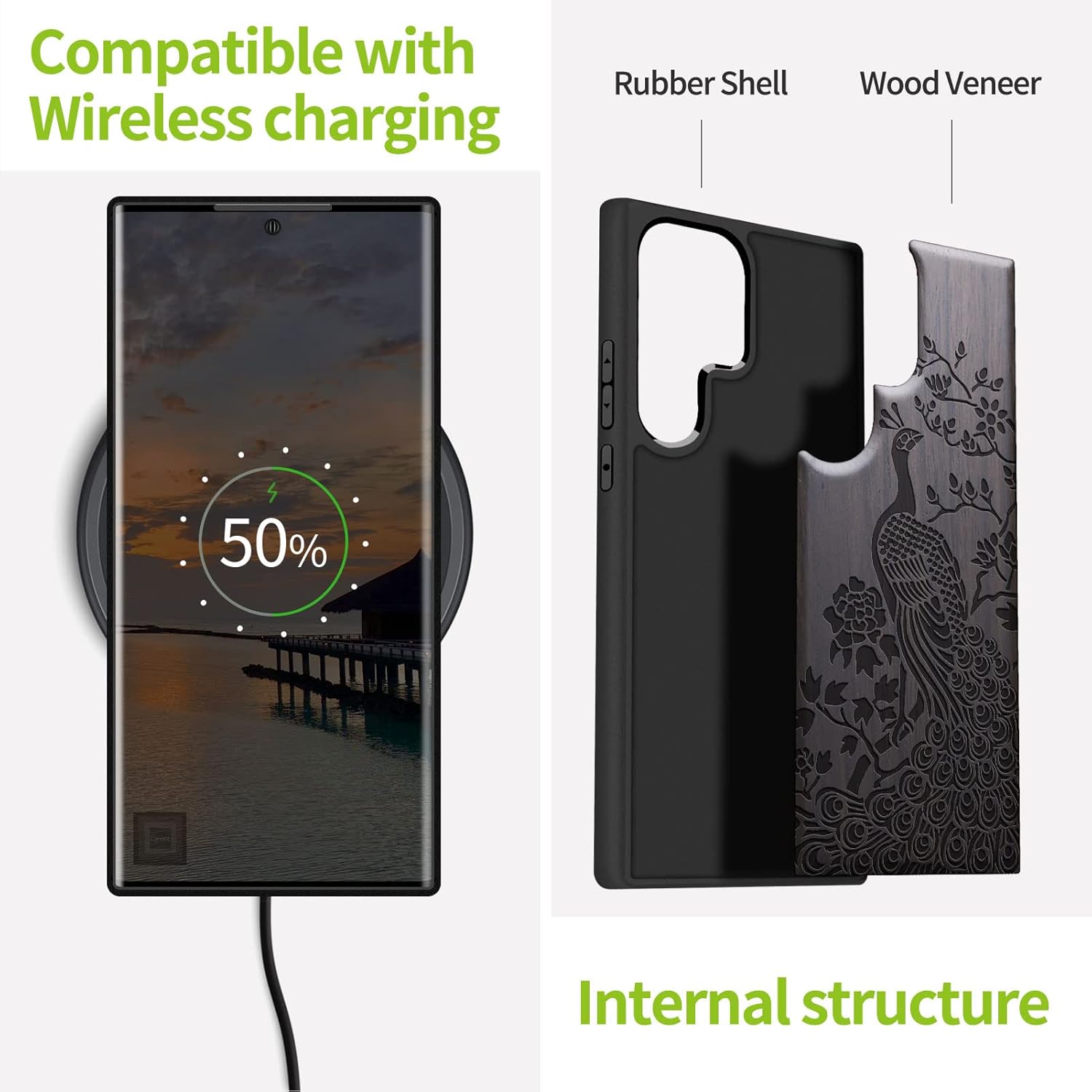 Carveit Wood Case for Galaxy S23 Ultra Case [Natural Wood & Black Soft TPU] Shockproof Protective Cover Unique & Classy Wooden Design Compatible with Samsung S23 Ultra (Peacock-Blackwood)