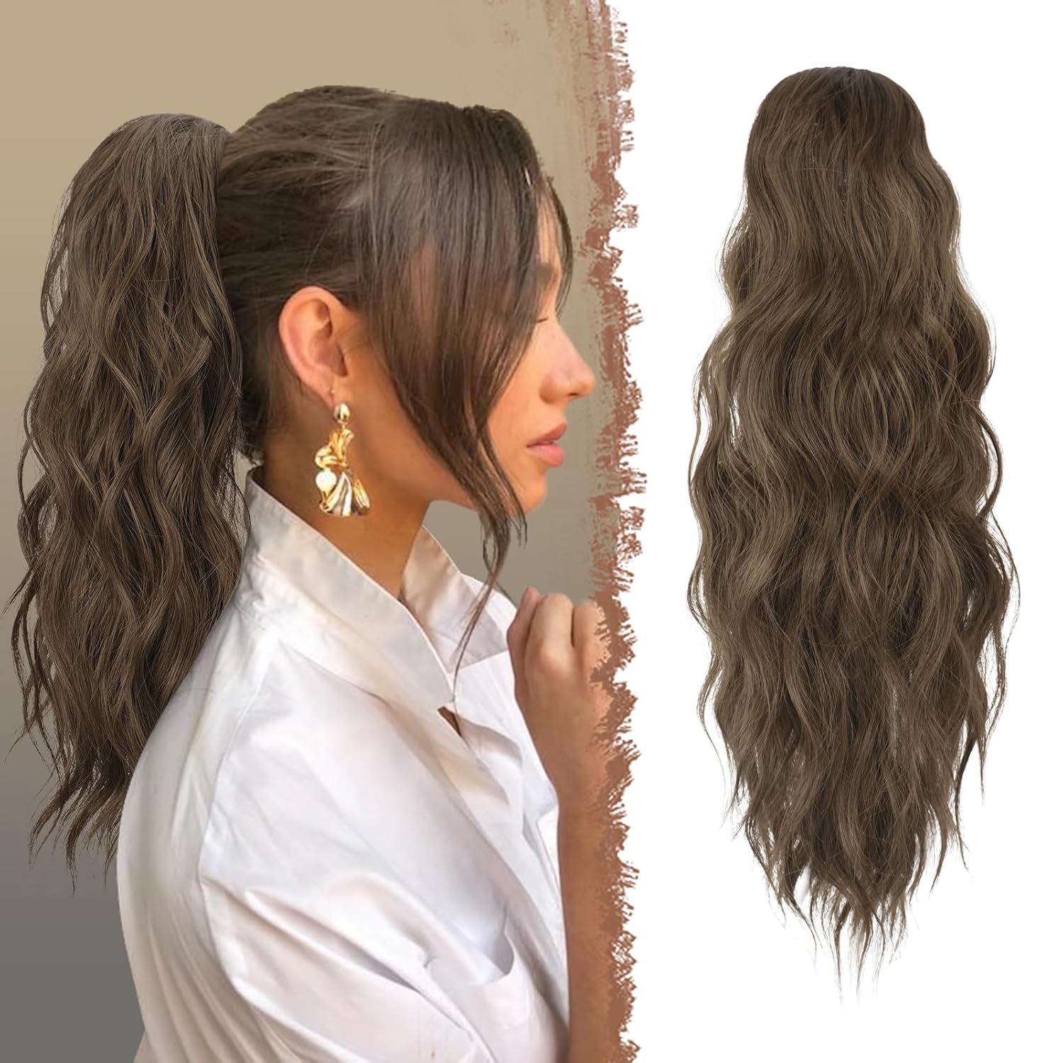 FESHFEN Ponytail Extensions, Drawstring Ponytails Long Curly Wavy Hair Piece Synthetic Brown Pony Tail Hairpieces for Women, 18 inch Chestnut Brown