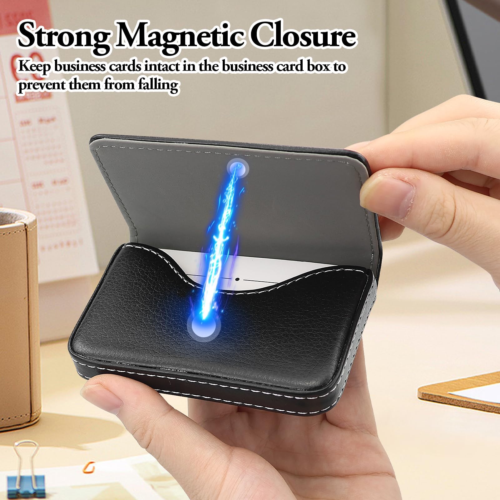 Tarjetero con estuches de tarjetas de visita de acero inoxidable, portarjetas de cuero PU premium con cierre magnético, almacenamiento cuidadoso de sus tarjetas, tarjetero negro para damas y