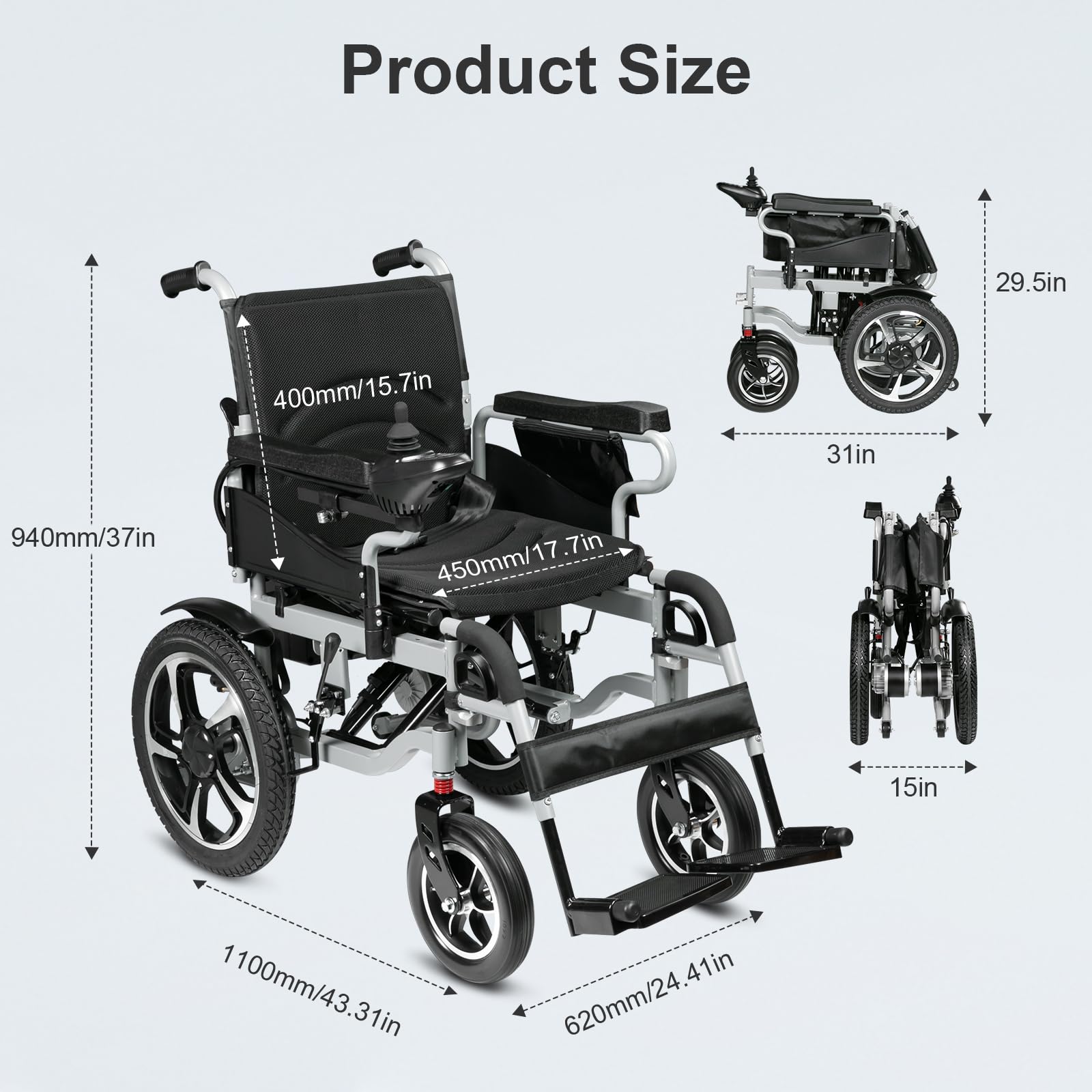 Fyearfly Silla de Ruedas Eléctrica Plegable Portátil Asiento Ergonómico Batería Duradera Fácil Control para Personas Mayores y Personas con Movilidad Reducida Modelo 5001
