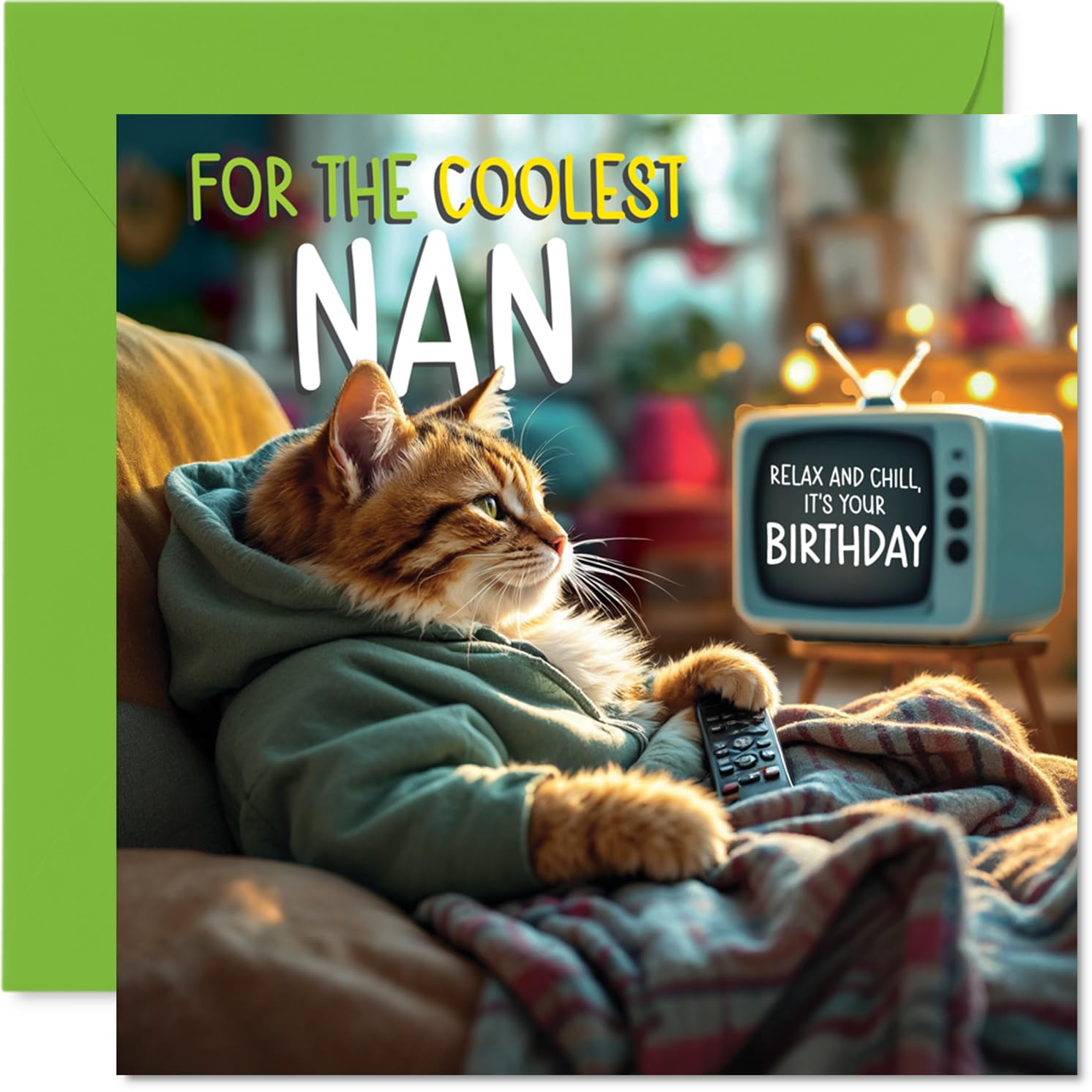 Nan Birthday Card - TV Cat - Happy Birthday Card for Nan from Grandson Granddaughter, 145mm Cat Celebration Bday Greeting Cards