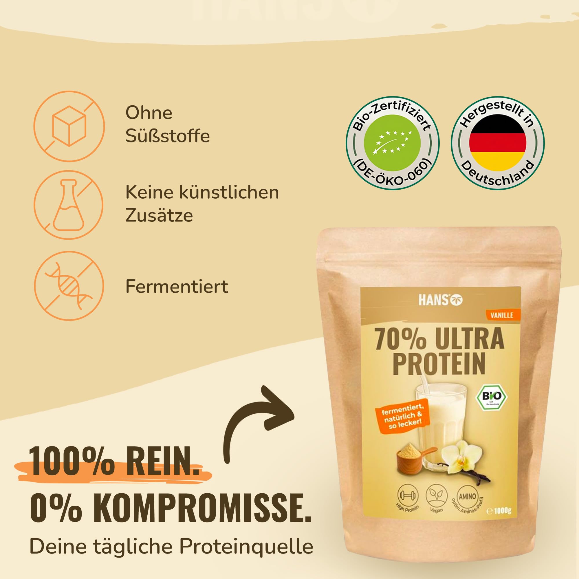 HANS Brainfood Veganes Proteinpulver Vanille - Bio Zertifiziert aus Bayern – 70% fermentiertes Erbsenprotein ohne Süßungsmittel, cremig & gut löslich – Protein Pulver vegan, 1kg