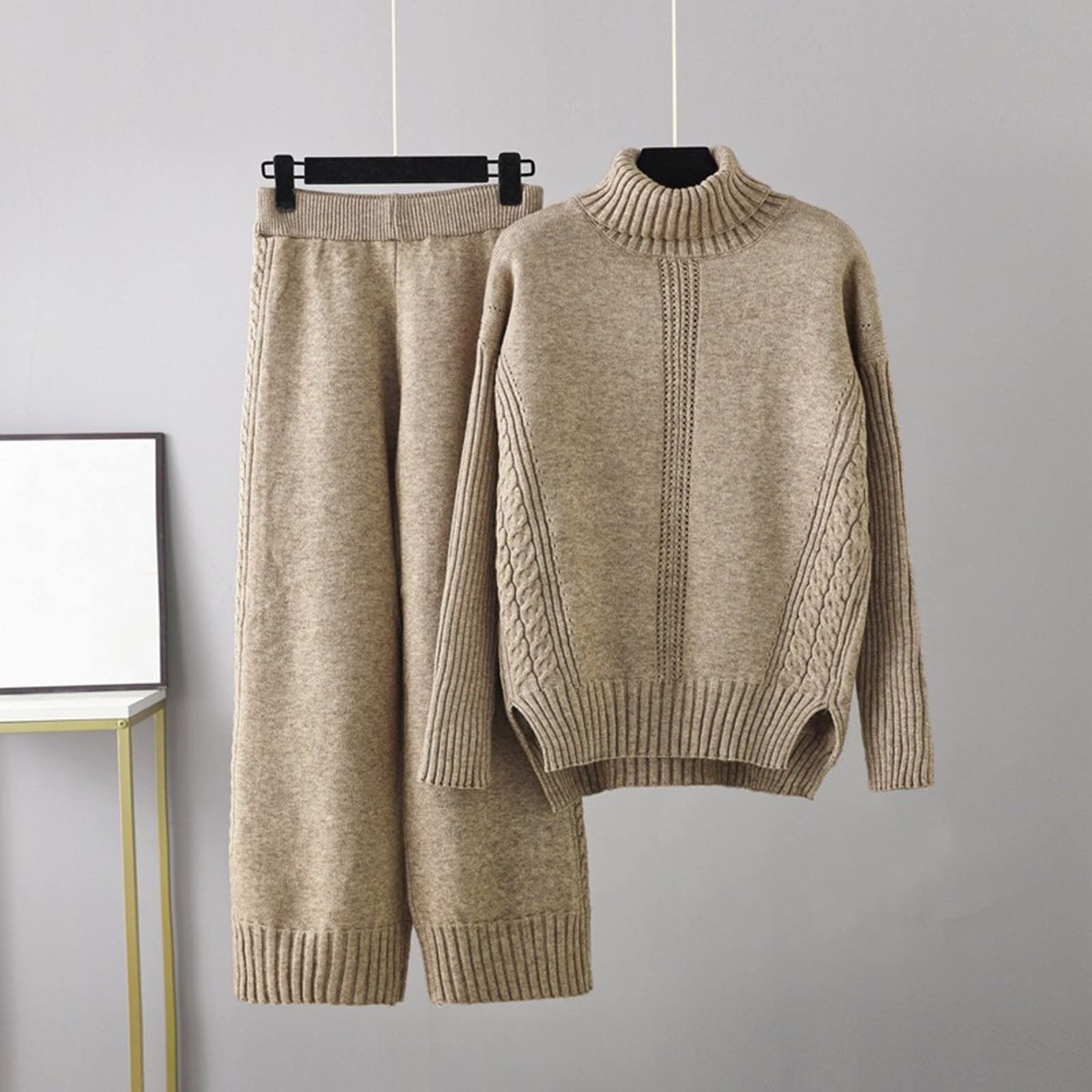 Femme 2 Pcs Pull Ensemble Tricoté Hiver Sweater Top en Maille Sweatshirt Chaud Chandail Sport Pantalon Jambe Large Hiver Ensemble Sportswear Elegante Survêtement 2 Piece