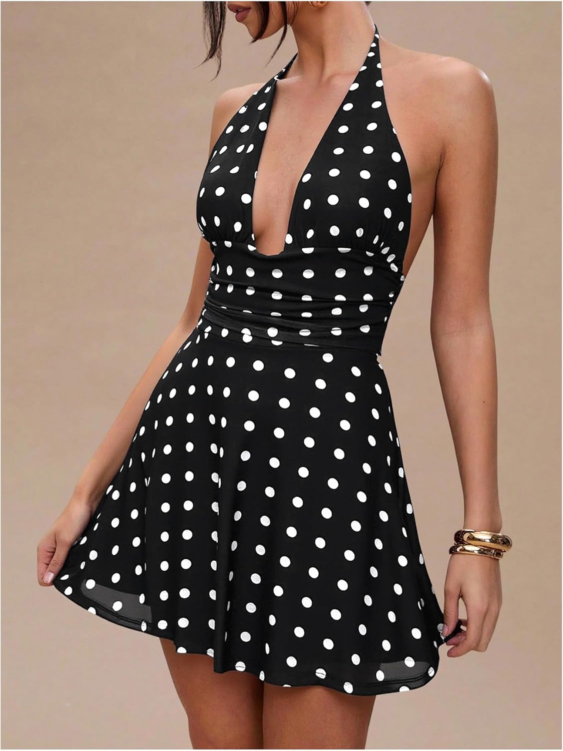 Milumia Women's Polka Dots Ruched Backless Halter Mini Dress Sexy Deep V Neck A Line Short Dresses - Image 2