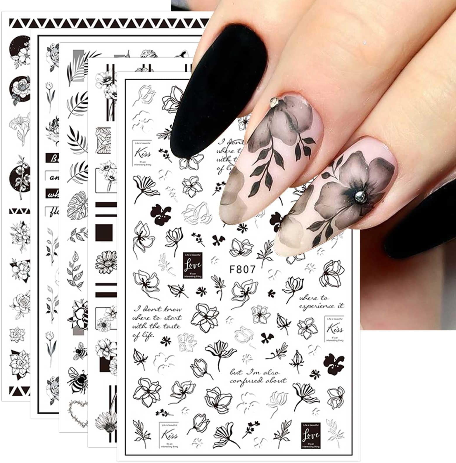 20 Nagelfolien-Aufkleber Blumen-Mix – Rose, Blätter, Wasserfest, Für Nail Art & Maniküre