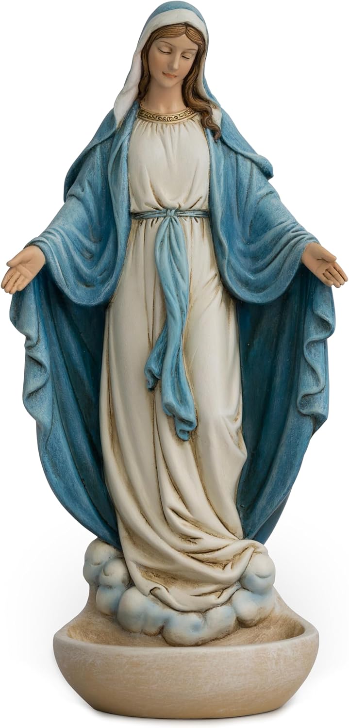 BC Catholic Our Lady of Grace Holy Water Font, 9" H Blessed Mother Virgin Mary Statue, Keepsake Rosary Holder, Religious Gift for Catholic Family, Renaissance Sculpture Hand Painted by Buildclassic