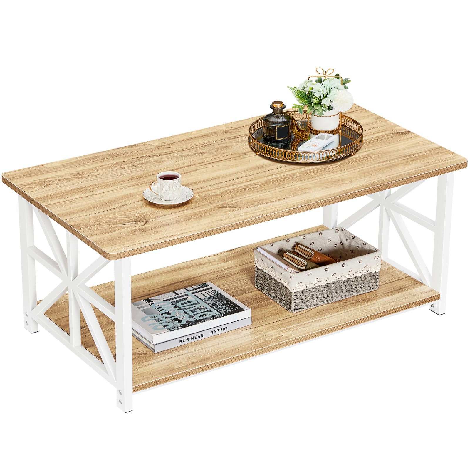 GreenForestCoffee Table for Living Room with Round Corners Farmhouse Style Center Table with Storage Shelf 40 Inch Space Saving Easy Assembly Oak