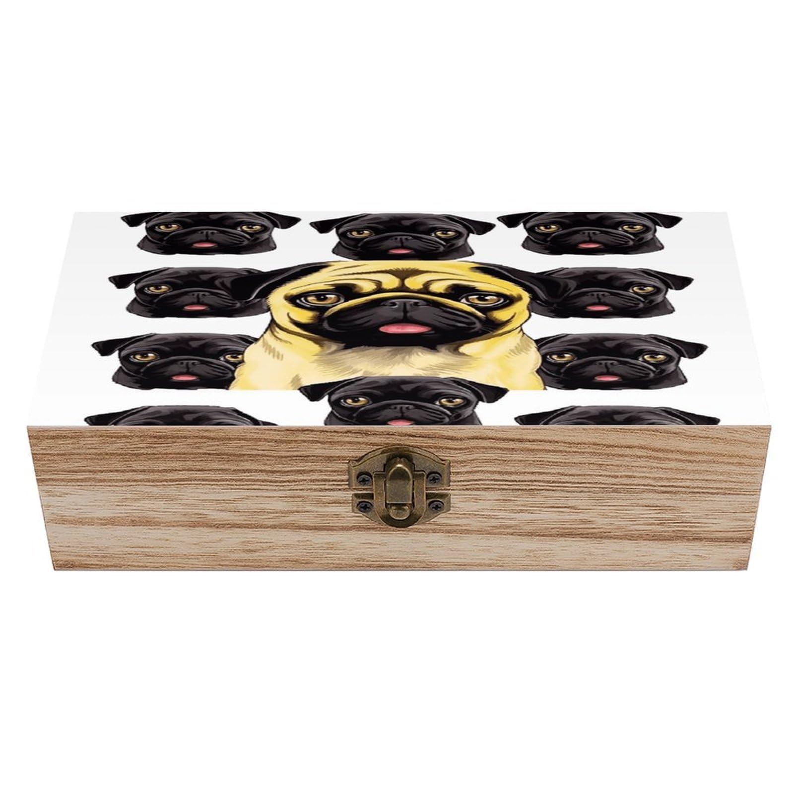 VstaDank Black Yellow Pug Wooden Keepsake Box with Hinged Lid Solid Wood Gift Boxes Beautifully Keepsake Box Jewellery Organiser Retro Memory Treasure Case with Lids Decorative Boxes