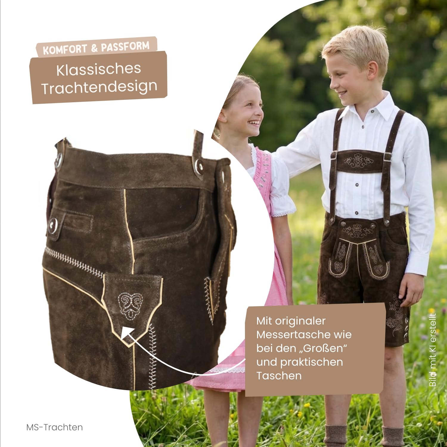 MS-Trachten Pantaloni Tradizionali in Pelle per Bambini Pantaloni Leo Tracht Marrone Corto