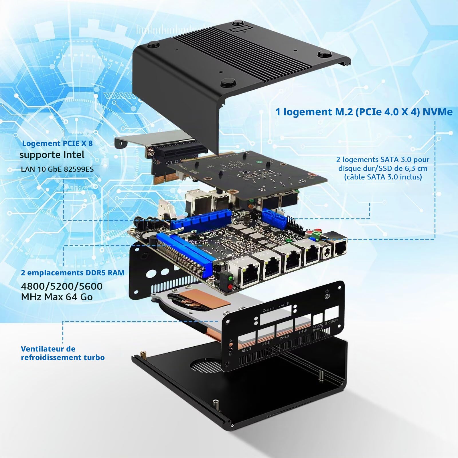 Micro Firewall Appliance 13th Gen U300E, Dual 10GbE 82599ES SFP+ Mini PC Router, 4 x 2.5GbE LAN Home Server, DDR5 8GB RAM 128GB SSD, USB-C 10Gbit, OPNsense Hardware