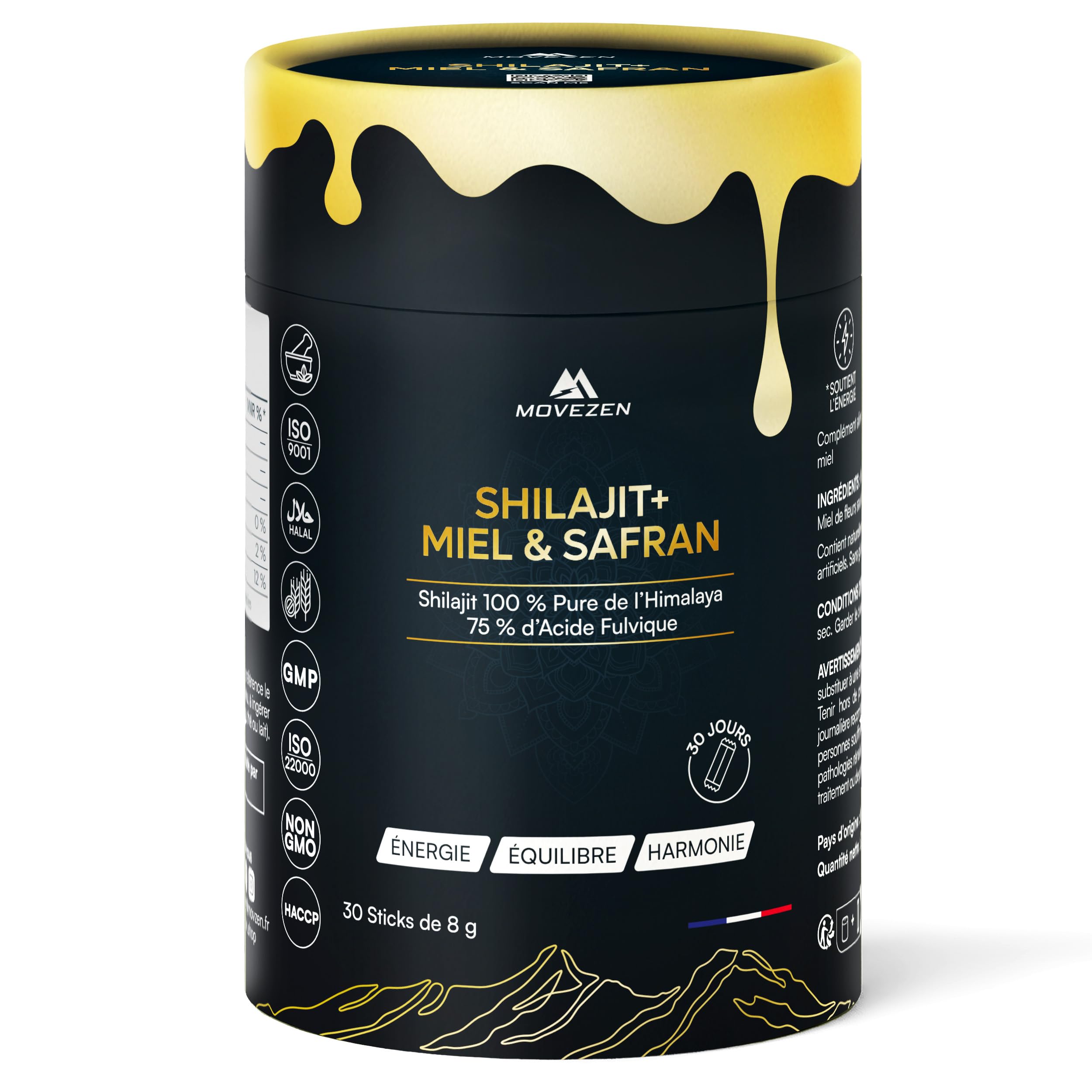 Shilajit+ Miel & Safran Bio, Résine Authentique 100% Pure de l’Himalaya, Énergie Durable, Vitalité, Concentration, 30 Sticks de 8 g, Riche en Acide Fulvique & Humique, 85+ Minéraux