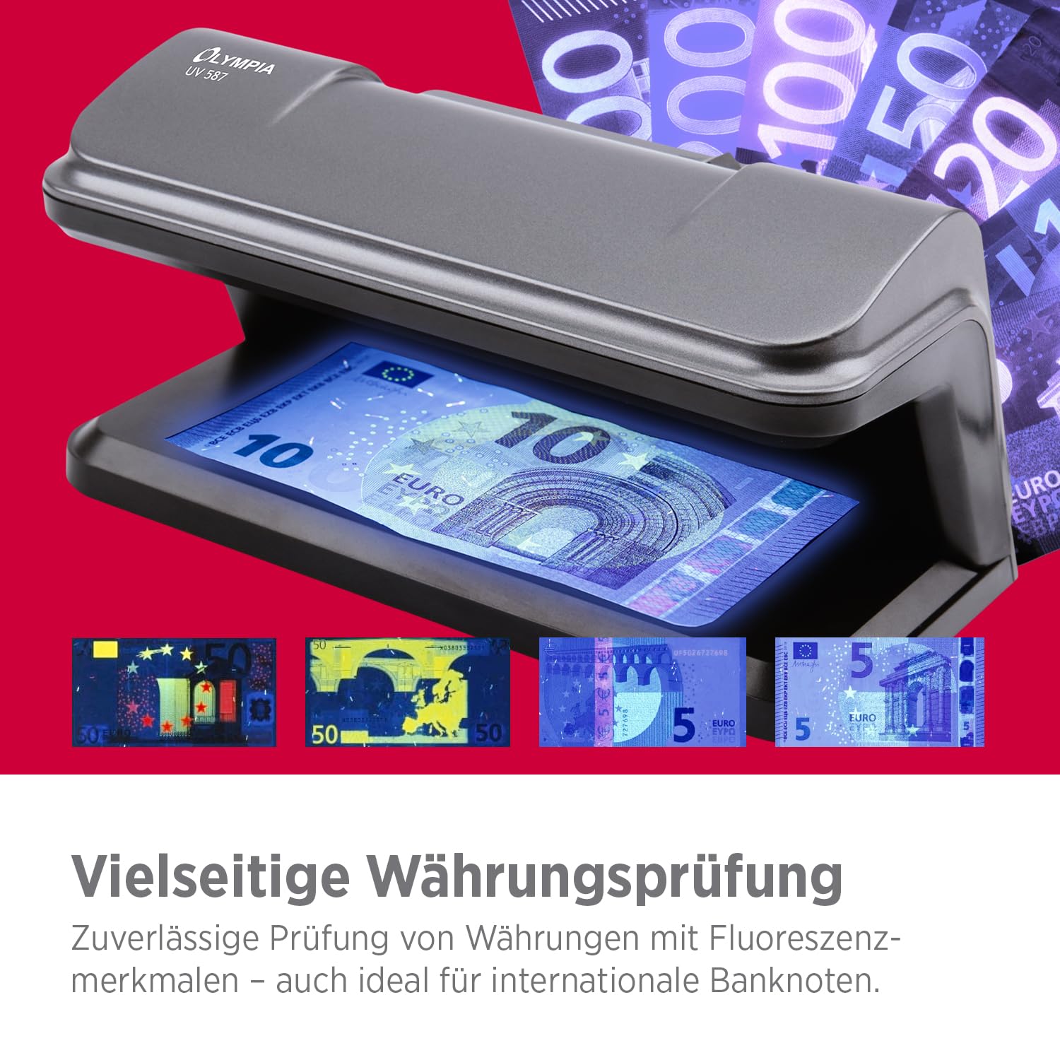 Olympia Detector de billetes UV 587, luz UV 365 nm, 2 LED UV 3 W, comprobador billetes falsos USB