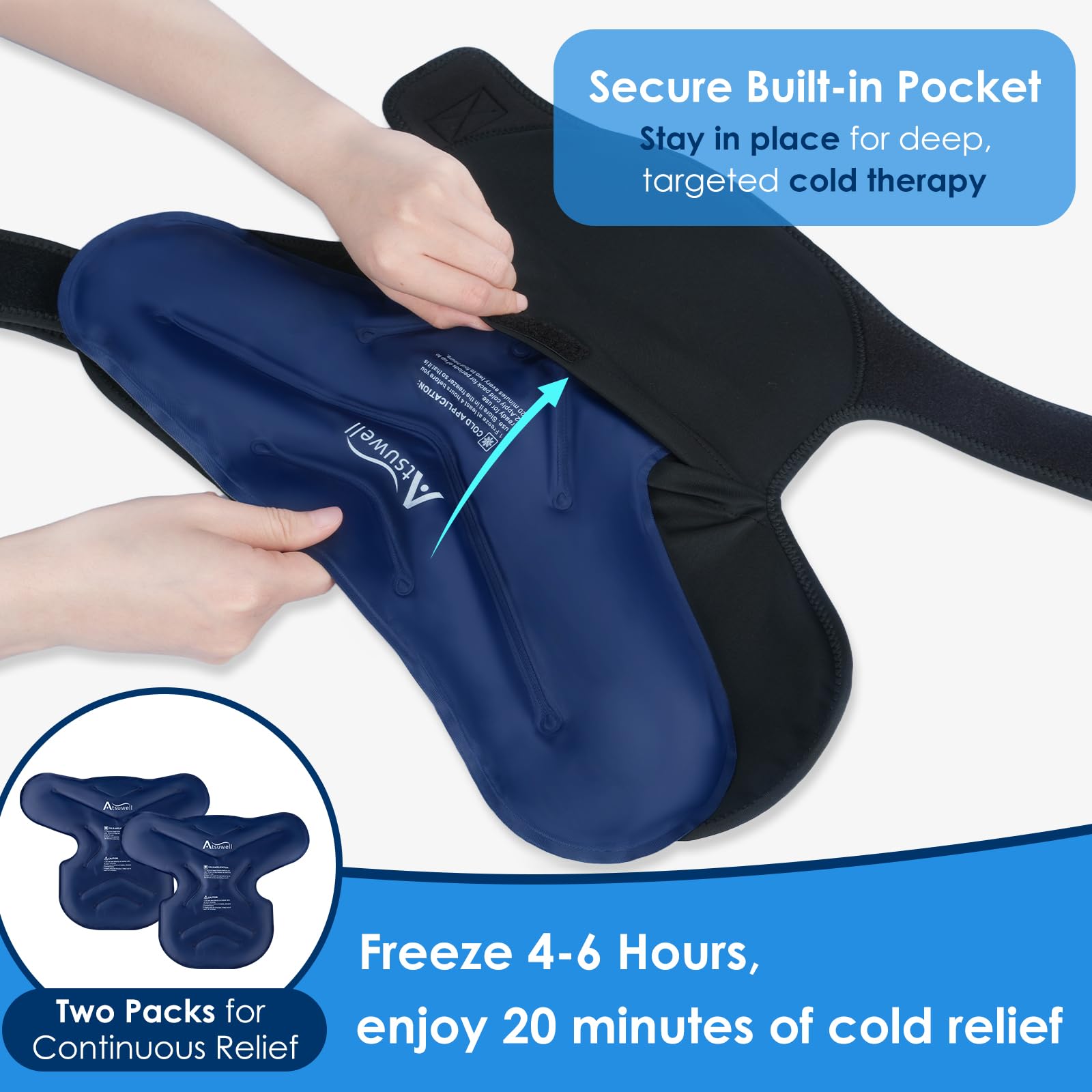 Atsuwell Bolsa de hielo para hombro con 2 paquetes de gel, soporte de hombro de apoyo para manguito rotador y brazo, envoltura reutilizable de terapia de frío para recuperación muscular y relajación