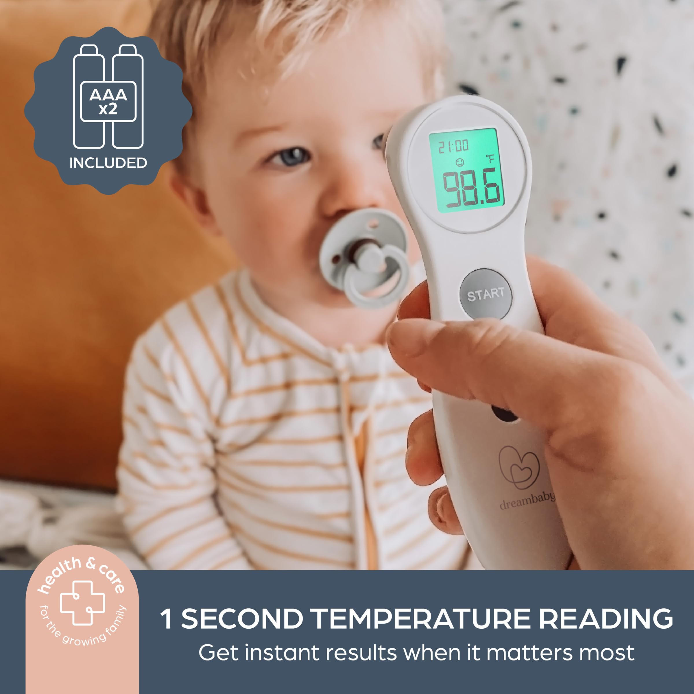 Dreambaby Termómetro digital de frente sin contacto, termómetro para bebé, termómetro infrarrojo, almacenamiento de memoria, alertas de fiebre, incluye baterías, artículos esenciales para bebés,