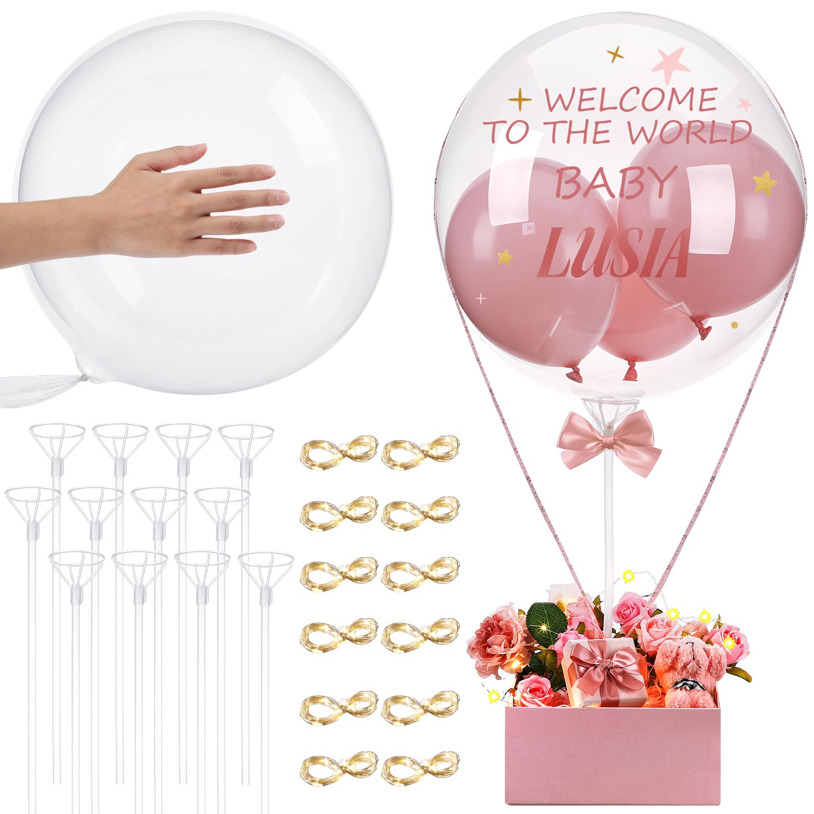 Charniol 12 Set Bobo Balloons 24 Inch Glow Bubble LED Transparent Balloons with 6.4 ft Fairy Lights and Balloon Holder with Cups to Make Hot Air Balloon Hamper Balloon Flower Bouquet Basket DIY Gift