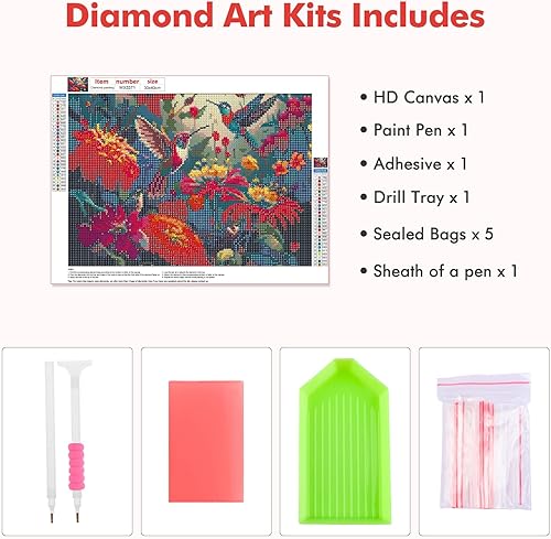 Miniatura 5 de MOGTAA Coloridos kits de arte de diamantes de colibrí para adultos, kits de pintura de diamantes de flores para principiantes, kits de puntos de