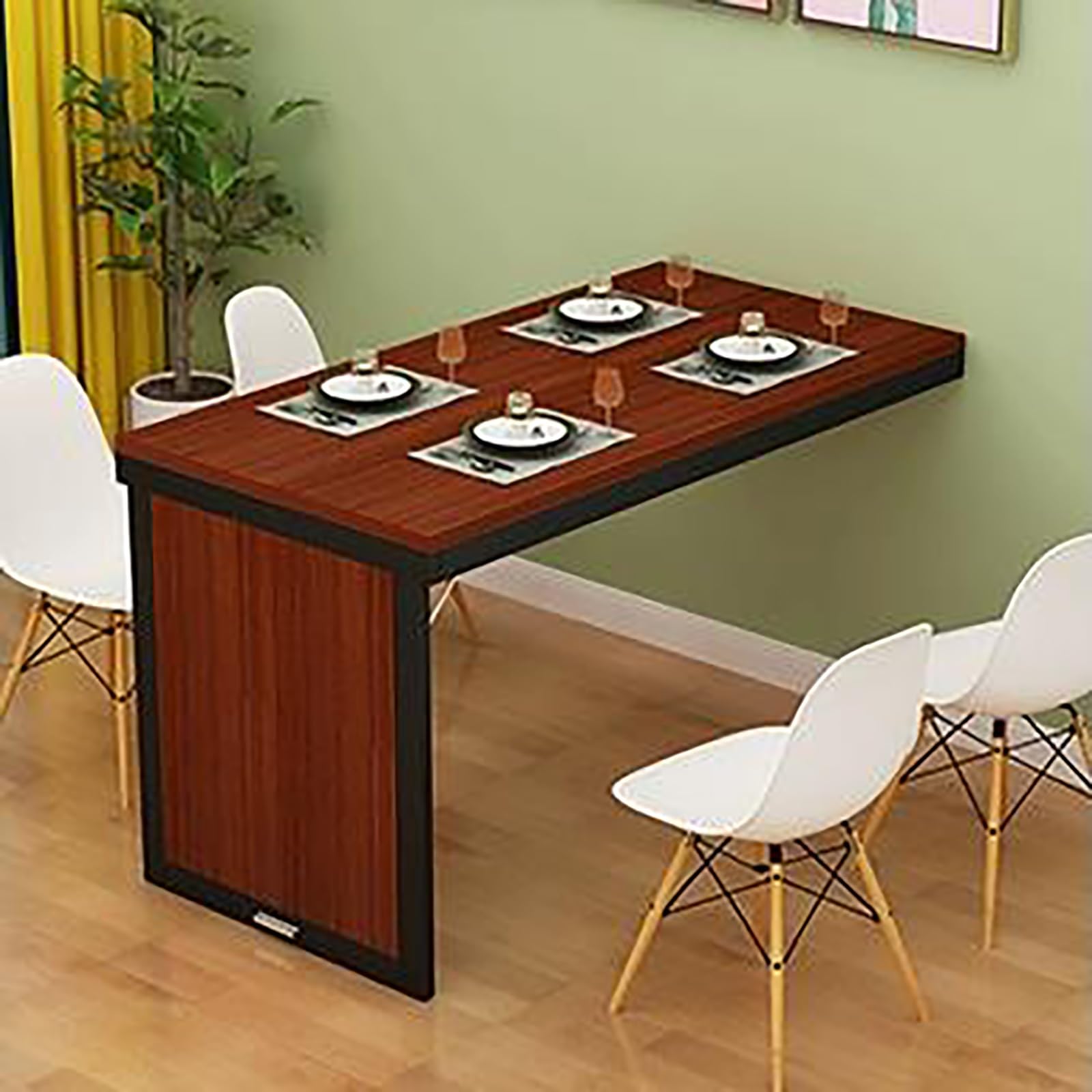 WQPMNYG Wall Mounted Folding Dining Table Space Saving Bar Table with Foldable Support Pole Ideal for Dining Room Kitchen Bedroom Teak+Black