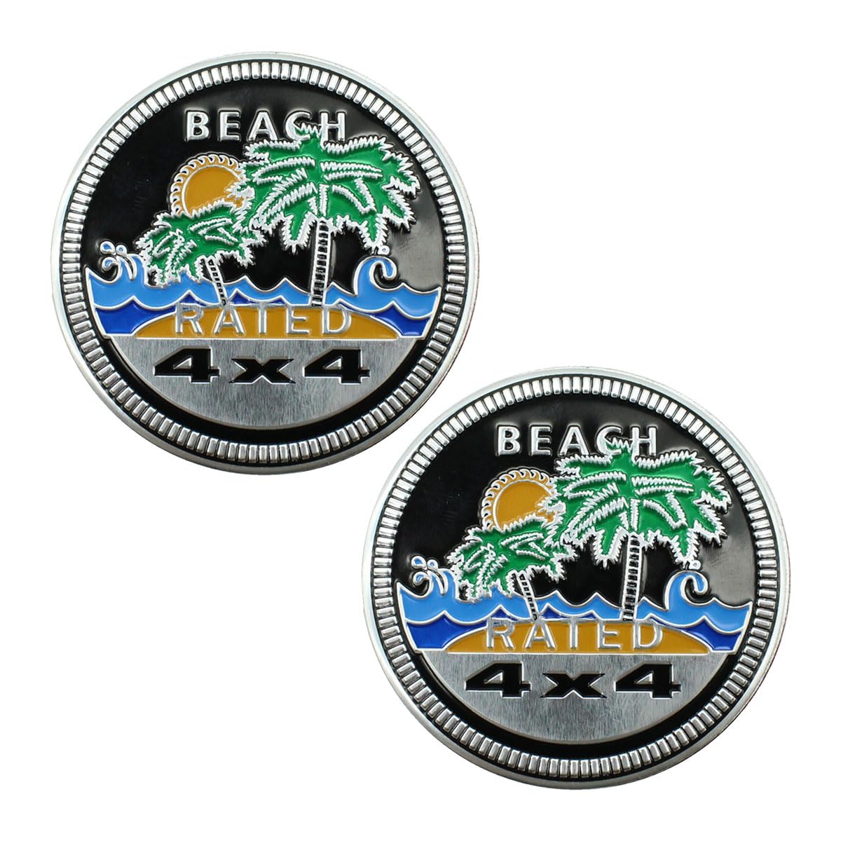 Beach Badge Rated 4 x 4 3D Metal Car Badge Decals Stickers Round Emblem Decals, Compatible with Jeep Wrangler Vehicles Trucks SUV RV (Beach RATED/2PCS)