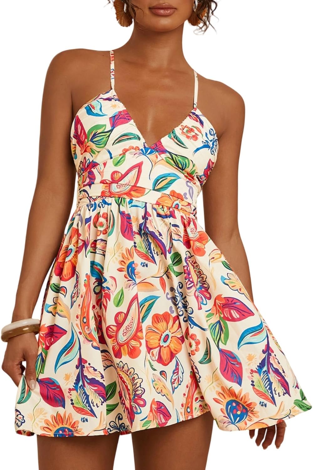 Floerns Women's Boho Tropical Mini Dress Spaghetti Strap Criss Cross Tie Back Summer Dresses