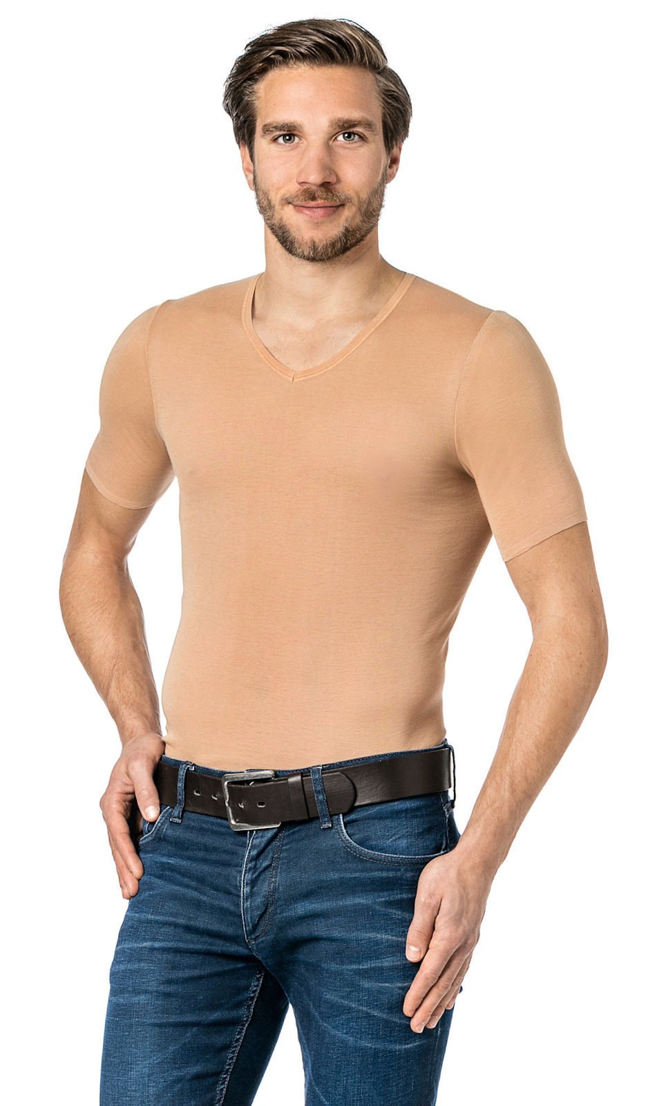 Maillot de corps couleur peau, pour homme, invisible, col en V, manches courtes, style business