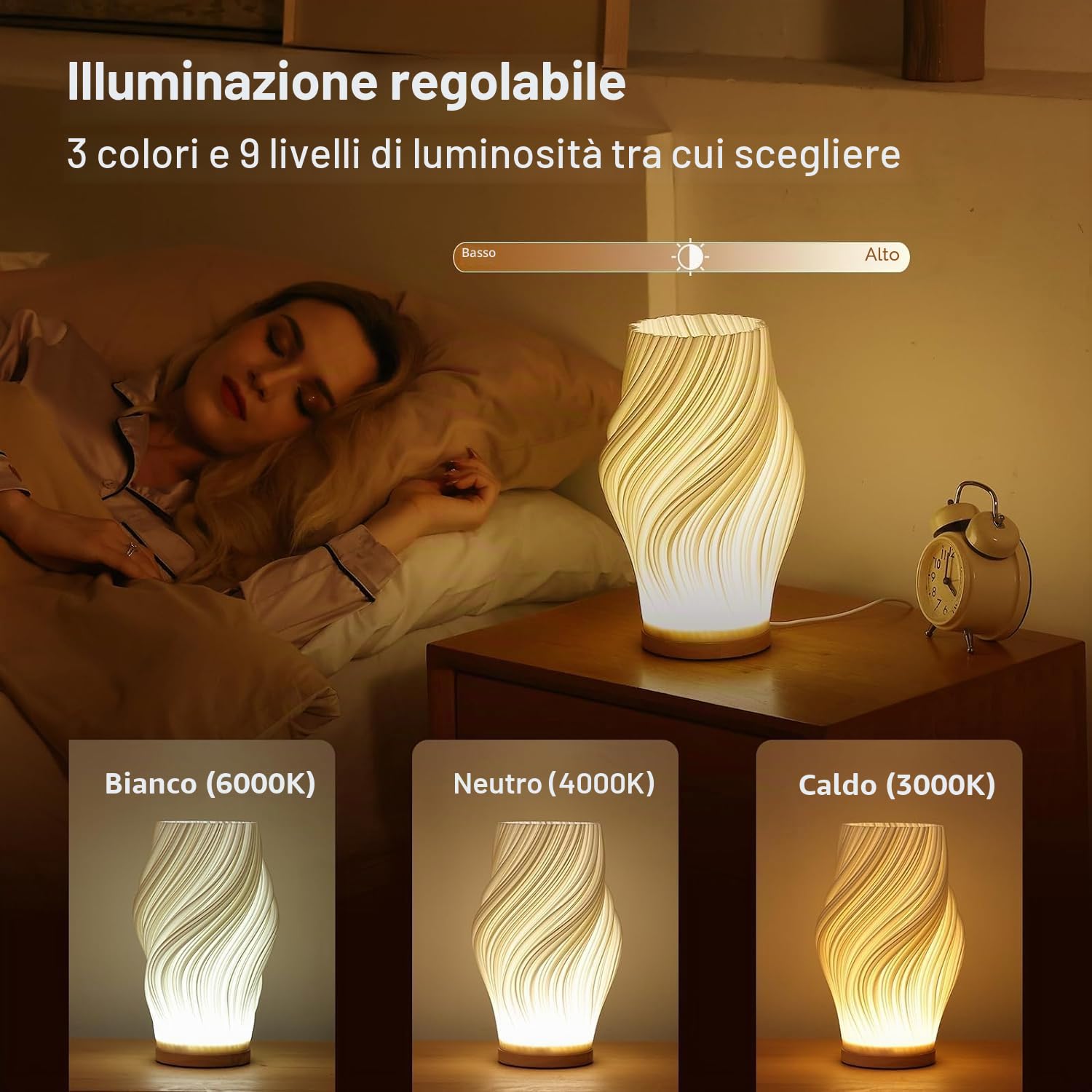 Lampada da comodino base in legno - Lampada da tavolo con controllo a pulsante per camera da letto dimmerabile in 12 modi, con paralume in PLA per soggiorno (Bianco-F, Grande)
