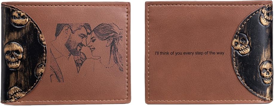 JewelOra Personalized Wallet for Men, Skeletons Wallet Custom Engraved Picture Wallet for Husband Dad Son BF Personalized Gifts for Christmas Birthday Anniversary Fathers DayBrown