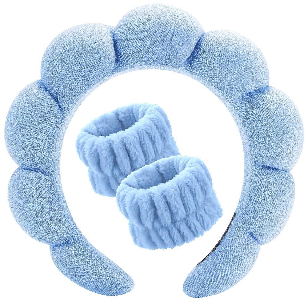 Spa Headbands for Washing Face or Facial - Set of 1 Terry Cloth Skincare Headbands, Puffy Makeup Headbands for Face Washing, Masks, and Skin Treatments (Blue, Free)