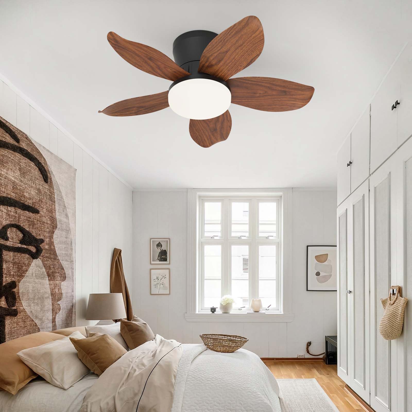 65CM Modern Small Ceiling Fan with Light and APP Remote Control, 6 Speeds & Timer, DC Motor 5 Blades Lamp Ceiling Fan for Bedroom/Living Room/Dining Room-Brown Wood Grain