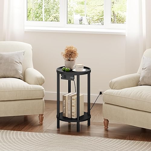 Miniatura 2 de HOOBRO Mesa auxiliar redonda pequeña con estación de carga, mesa auxiliar redonda de bambú de 2 niveles, mesa de noche compacta para espacio