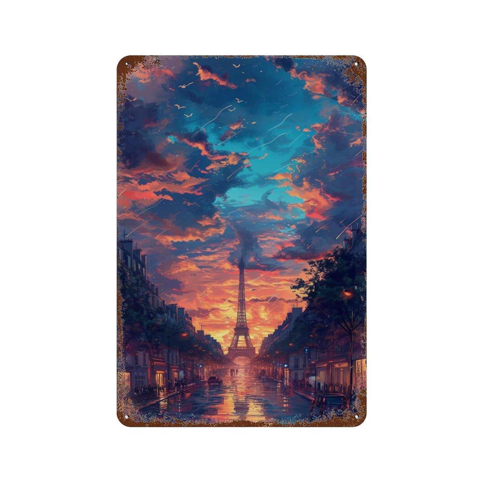 Distressed Metal Wall Sign Paris Sunset Reflections 11.8"x7.9", Rustic Home Decor for Farmhouse, Kitchen And Entryway Decor